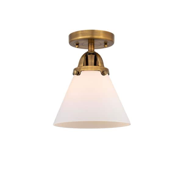 Cone 7.75 in. 1-Light Brushed Brass Industrial Semi-Flush Mount with Frosted Glass Shade