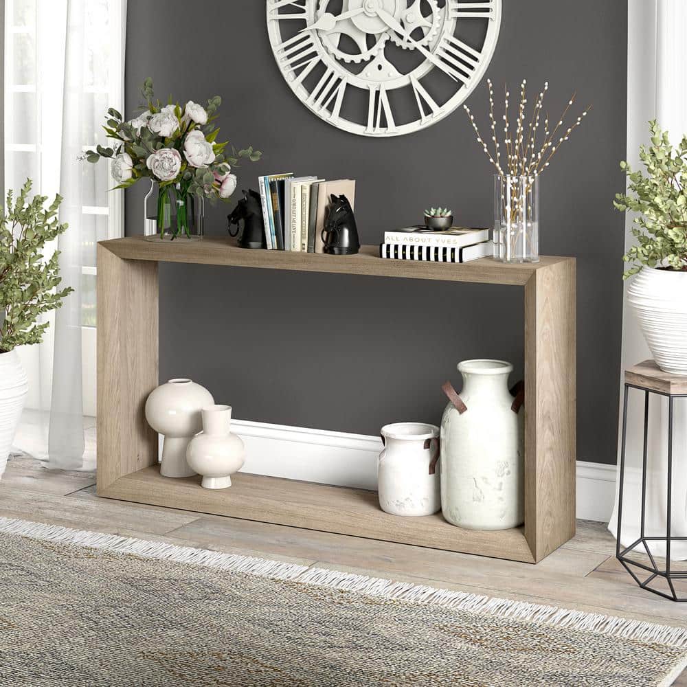 Antiqued Gray Oak 55" Rectangular Console Table with Storage