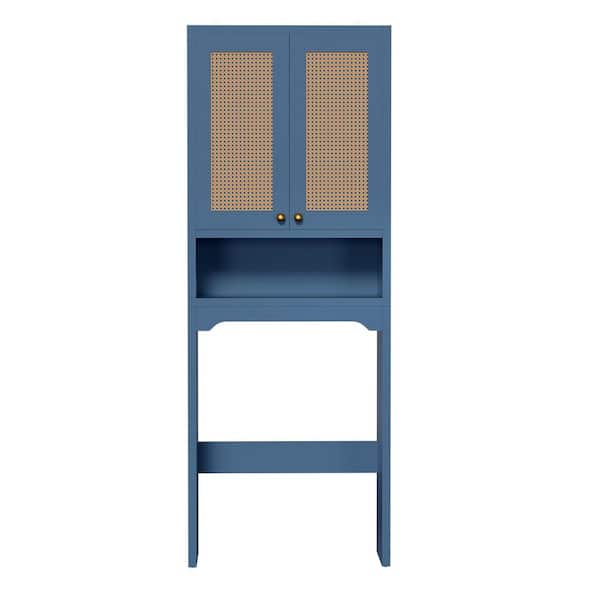 Over-The-Toilet Freestanding Blue Toilet Paper Holder with Rattan Doors and Open Shelf Design