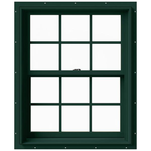 JELD-WEN 33.375 in. x 36 in. W-2500 Series Green Painted Clad Wood Double Hung Window w/ Natural Interior and Screen