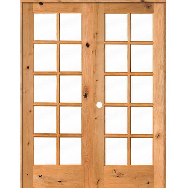 60 in. x 80 in. Knotty Alder Right-Handed 10-Lite Clear Glass Clear Stain Wood Double Prehung French Door