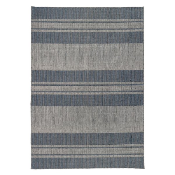 Blue, Gray 8 ft. x 10 ft. Loomed Striped Polypropylene Rectangle Indoor/Outdoor Area Rug