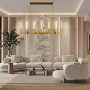 12-Light Copper Candlestick Chandelier, Modern Chandelier with Glass Shade, Retangular Luxurious Ceiling Pendant Light