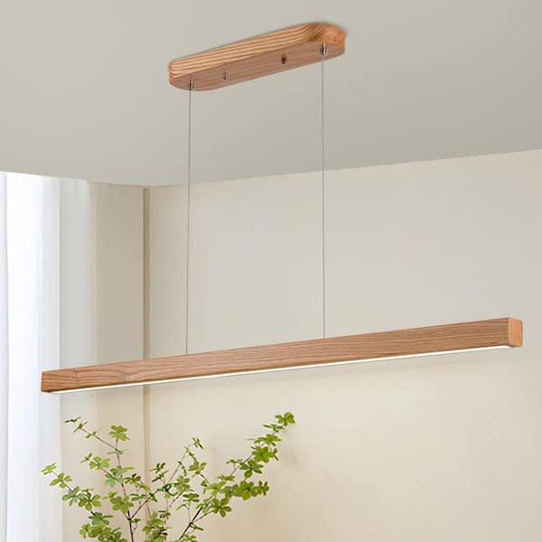 47 in. 1-Light Wood Linear Pendant Light Fixtures, Modern LED Adjustable Dining Room Chandelier Island Light, Wood Color