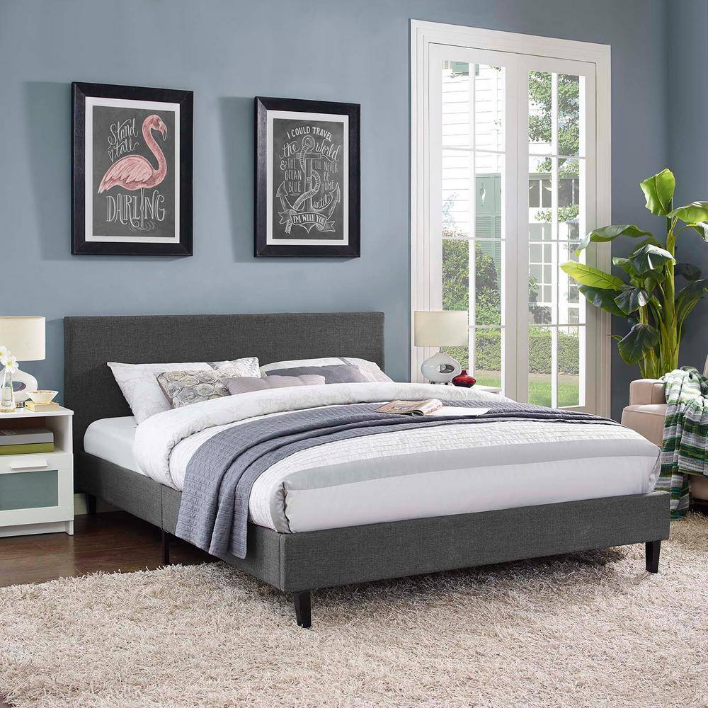 Gray Full Upholstered Platform Bed with Wood Slats