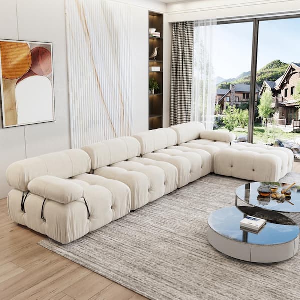 103.85 in. Square Arm 4-piece L Shaped Velvet Modular Free Combination Sectional Sofa with Ottoman in. Beige