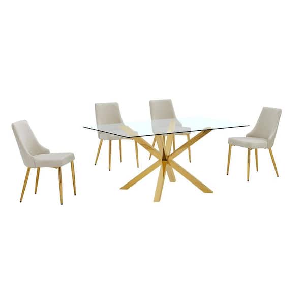 Tom 5-Piece Clear Glass Top Cross Leg Base Dining Set with 4-Cream Gold Chrome Chairs