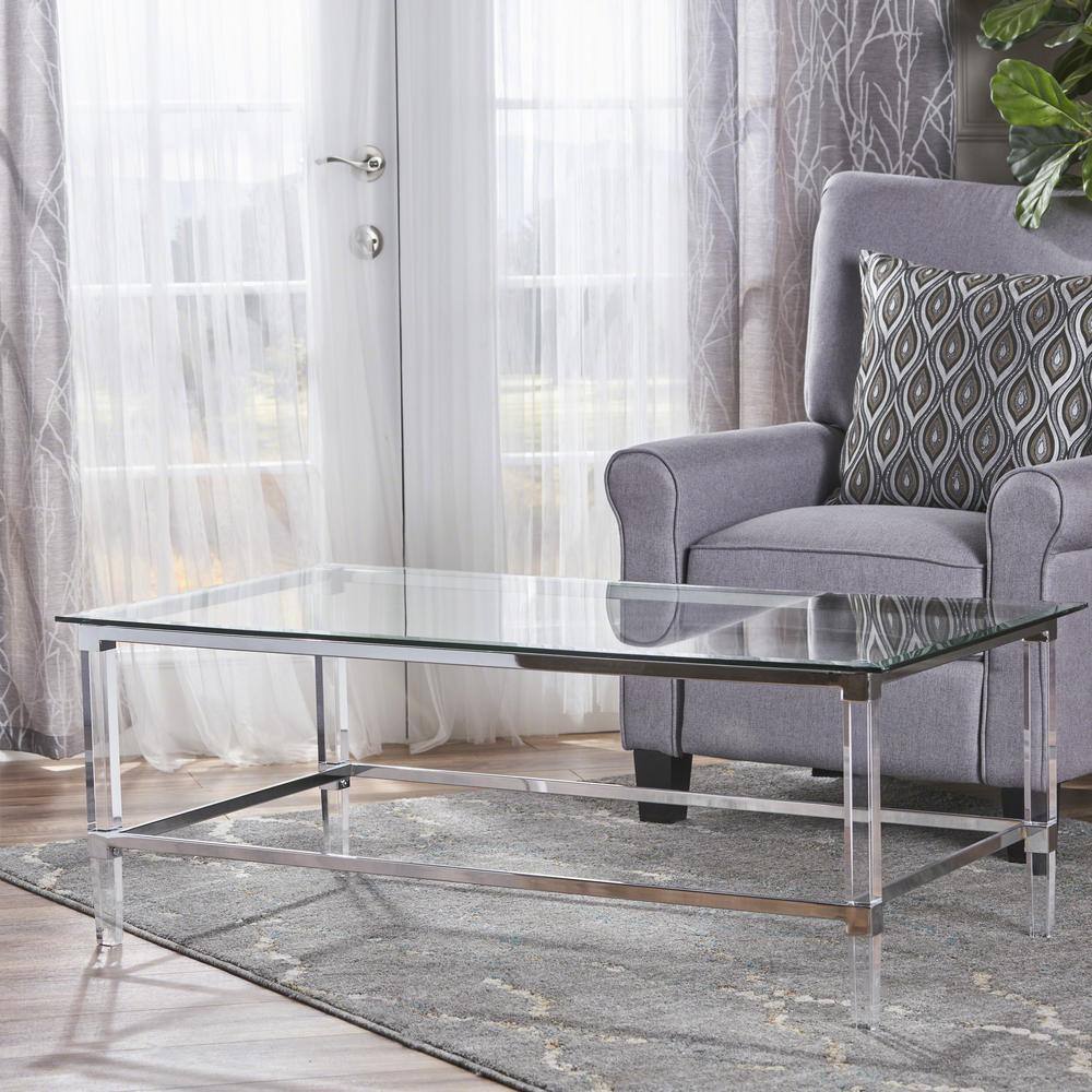 Modern Rectangular Glass Coffee Table with Acrylic and Metal Frame