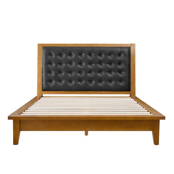 Javiera Black 89"W Button-tufted Genuine Leather Solid Wood King Size Platform Bed with Charging Ports