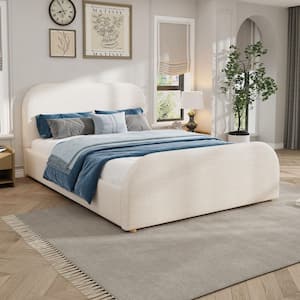 Beige Wood Frame Queen Size Linen Upholstered Platform Bed with Curved Headboard, Solid Wood Legs