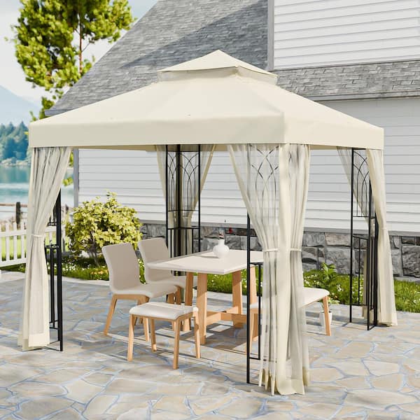 COOS BAY 8 ft. x 8 ft. Beige Outdoor Garden 2-Tier Vented Soft Top Gazebo with Built-in Ceiling Hook, Corner Shelves, Netting
