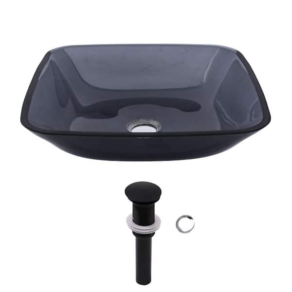 16 in. W x 16 in. D Above Countertop Rectangular Bathroom Glass Vessel Sink with Drainer in Transparent Black