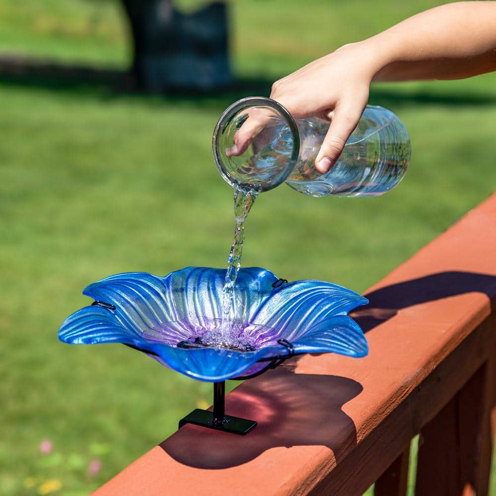 Blue Glass Flower Bird Bath with Copper Stake and Black Clamp