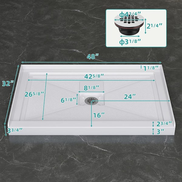 48 in. L x 32 in. W Single Threshold Alcove White Shower Pan Base with Double Strainer Bathroom Acrylic Shower Tray