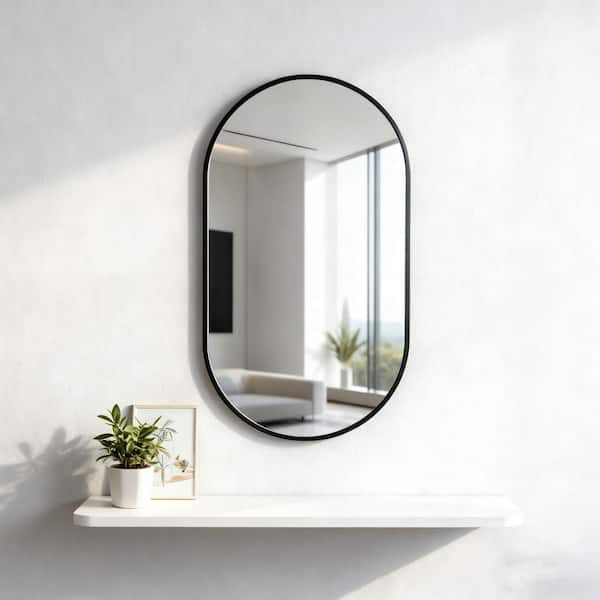 20 in. W x 28 in. H Oval Black Metal Accent Wall Mirror Modern Bathroom Vanity Mirror Living Room Entryway Over Mantel