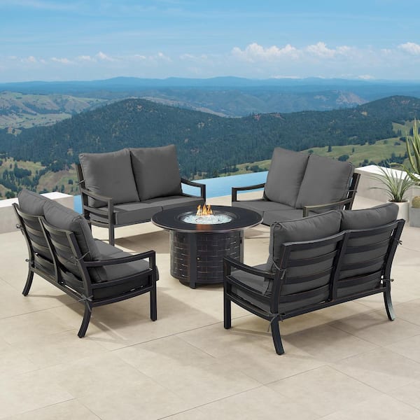 Black 7-Piece Aluminum Patio Fire Pit with 4-Deep Seating Loveseat Black Cushions