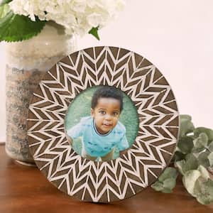5 in. x 5 in. Round White and Natural Carved Wood Picture Frame with Chevron Pattern