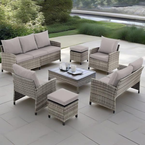 6 Pieces Wicker Patio Conversation Set with Gray Cushions, Outdoor Rattan Sectional Sofa for Garden Balcony Backyard