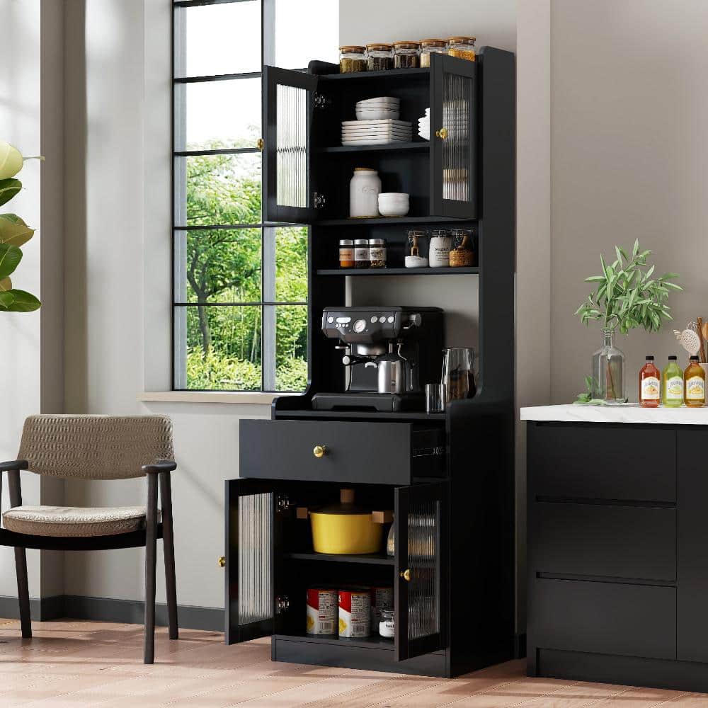 Black Farmhouse Kitchen Pantry Hutch with Microwave Stand, Buffet Sideboard Coffee Bar price history on PriceWatchPro