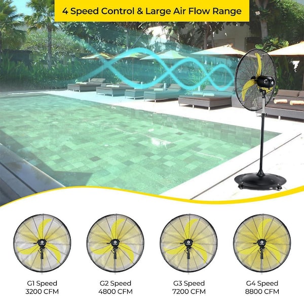 30 in. Oscillating Pedestal Fan in Black with Yellow Blades, All Sealed Brushless DC Motor, Waterproof, Outdoor