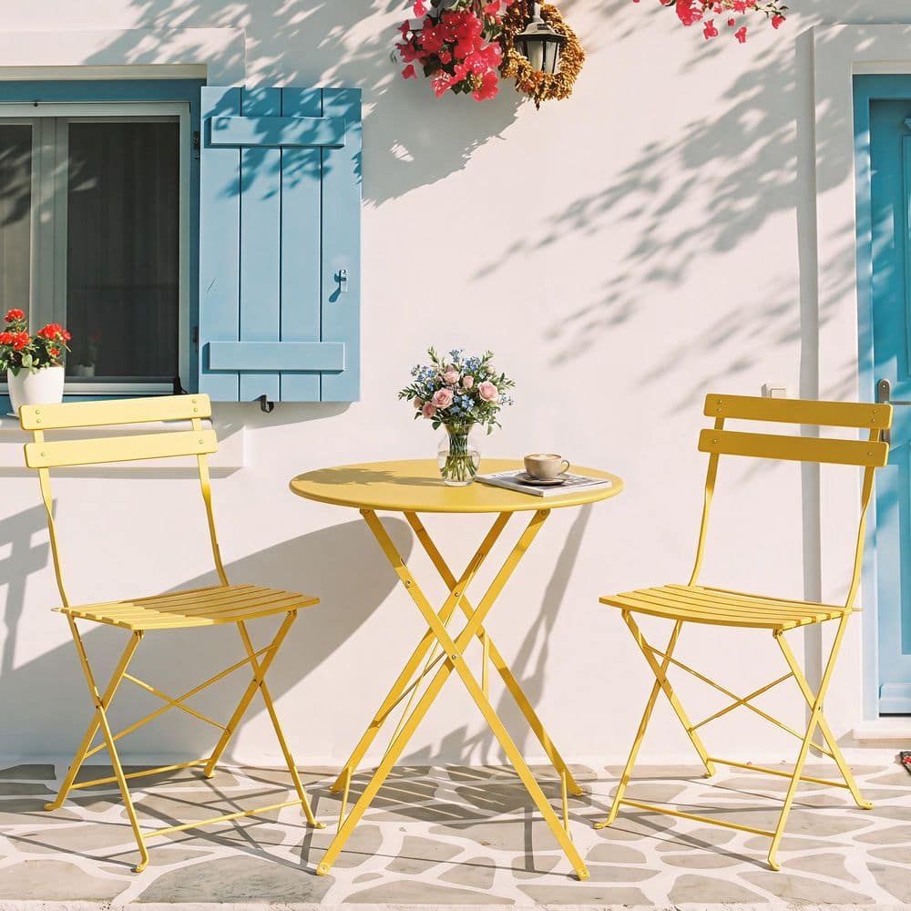 Yellow 3-Piece Metal Round Outdoor Bistro Set, E-Coated Metal Folding Table and Chairs, Space-Saving Design price history on PriceWatchPro