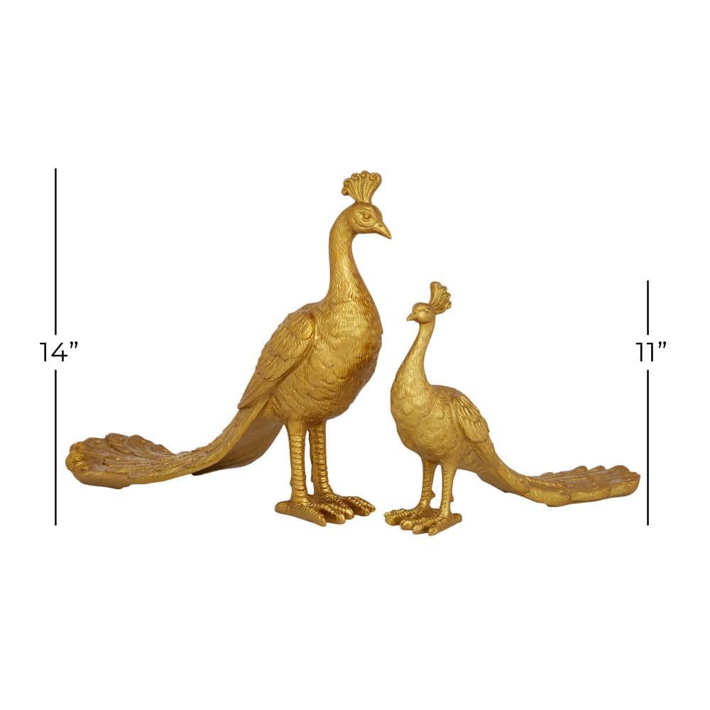 Gold Solid Peacock Animal Statue Duo, 11" & 8"H Resin Set