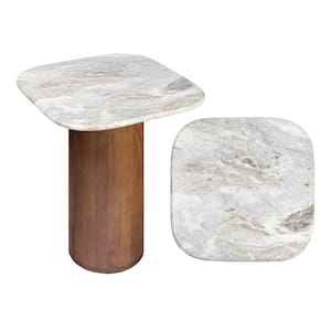 Kaito 15.75 in. Rustic Minimalist Square Marble/Wood Accent Table, White Marble/Honey Wood