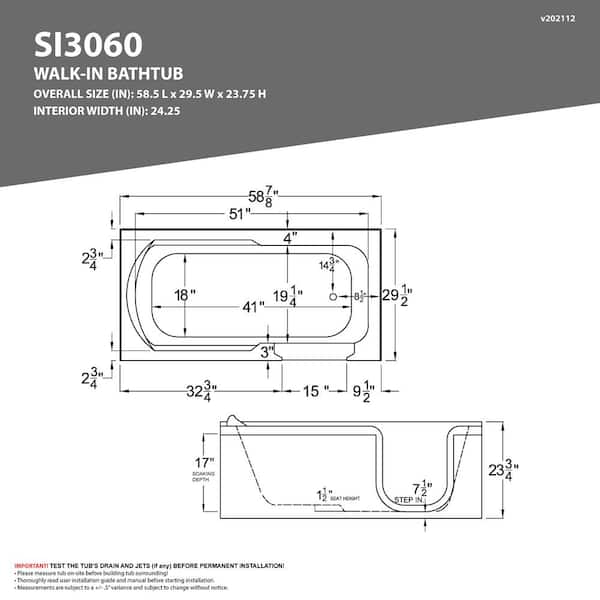 HD Series 60 in. Right Drain Step-In Walk-In Whirlpool Bath Tub with Low Entry Threshold in White