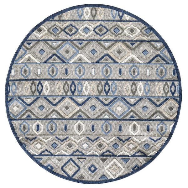 HomeRoots Blue, Gray 8 ft. Round Woven Polypropylene Round Indoor/Outdoor Area Rug