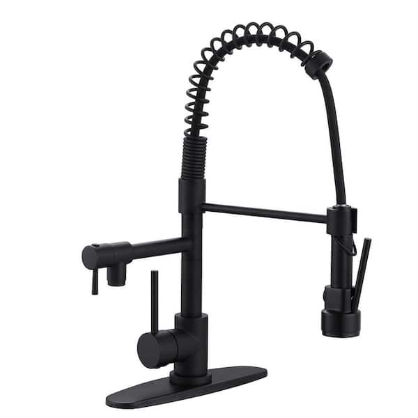 17 in. Commercial Single Handle Kitchen Faucets 360 Degree Spout Swivel with Spring Pull Down Sprayer in Matte Black