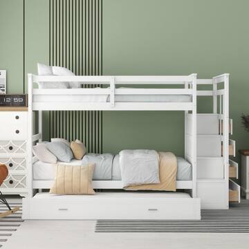 White Twin Over Twin Wood Bunk Bed with Trundle and Storage Staircase