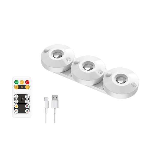 USB Rechargeable RGBW Integrated LED Under Cabinet Puck Lights with Remote, Motion Sensor, Charging Station, 3-Pack