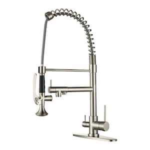 Double-Handles Pull Down Sprayer Kitchen Faucet with Drinking Water for 1 or 3 Hole in Solid Brass in Brushed Nickel