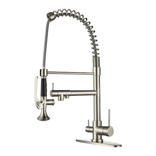 WOWOW Double-Handles Pull Down Sprayer Kitchen Faucet with Drinking Water for 1 or 3 Hole in Solid Brass in Brushed Nickel