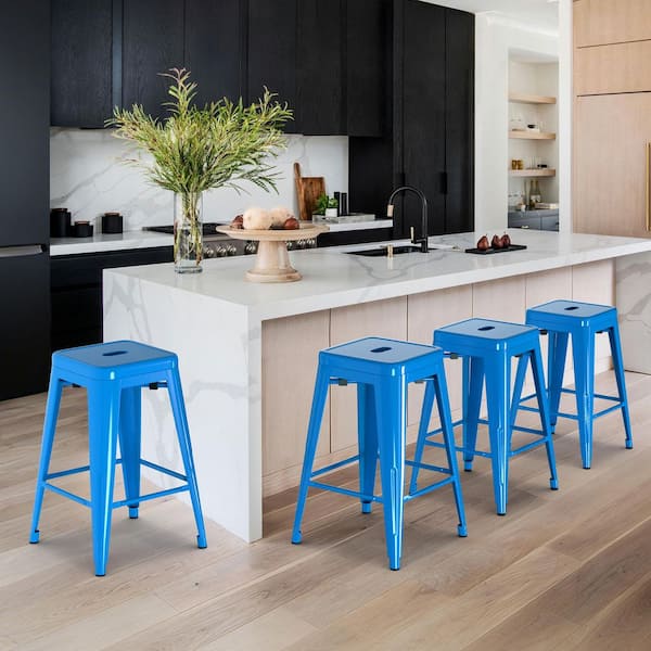 MFD LIVING Bar Stools 24 in. H Blue Backless Metal Bar Stool with Seat ...