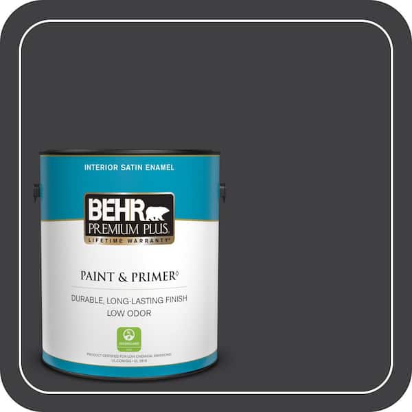BEHR PREMIUM PLUS 1 gal. #ECC-10-2 Jet Black Satin Enamel Low Odor Interior Paint & Primer
