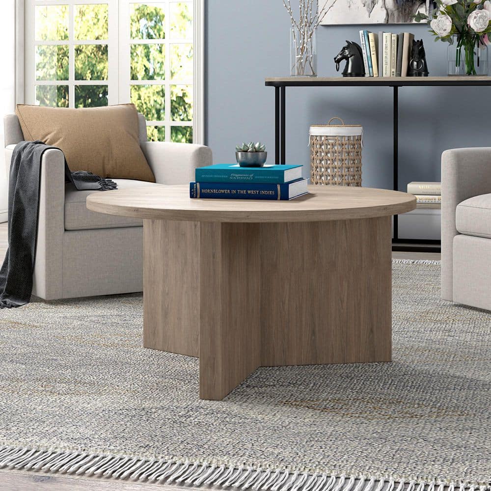 Antiqued Gray Oak Round Wood Coffee Table, 32"