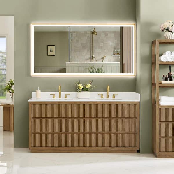 Navan 72 in. Double Freestanding Weathered Brown Bath Vanity with Grain White Engineered Stone Top Assembled