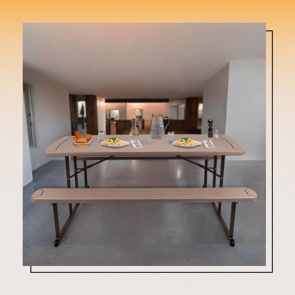 Travis 72" Brown Polypropylene Folding Picnic Table with Benches