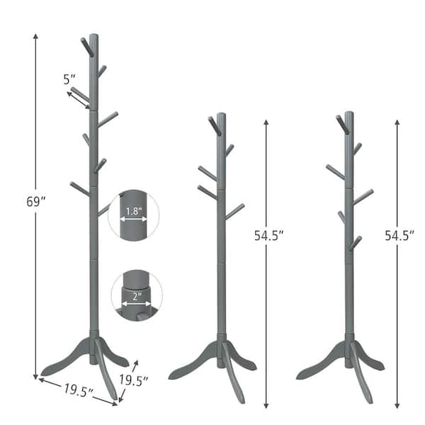 Giantex Wooden Coat Rack Standing, Coat Tree w/2 Adjustable Height, Hanger Stand w/8 Hooks for Clothes, Hats, Bags, Umbrellas, in Home, Office, Grey