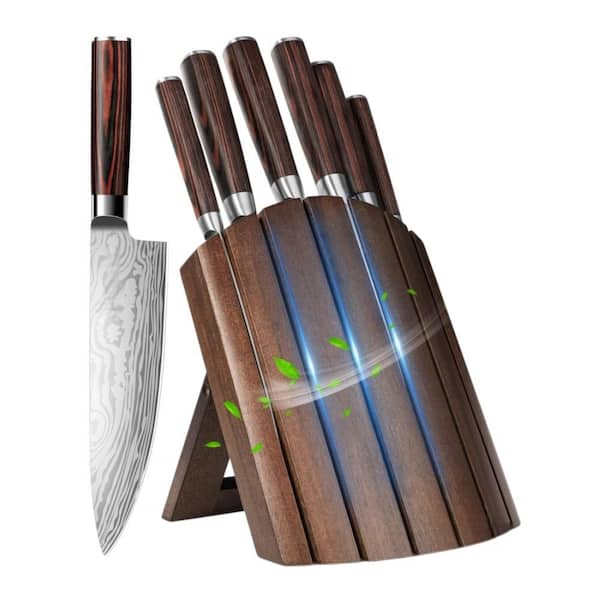 7-Piece High Carbon Stainless Steel Knife Set with Foldable Magnetic Acacia Wood Block and Anti-Slip Handle