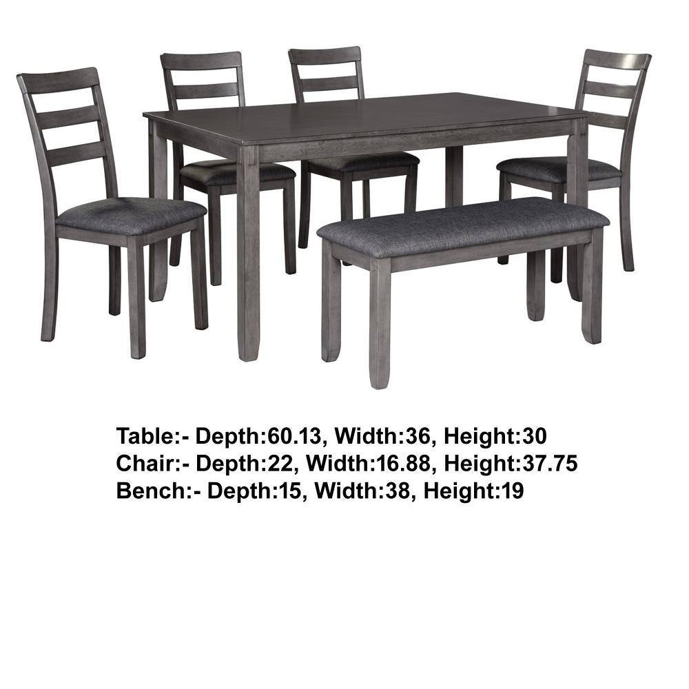 Gray Wooden Dining Table Set with Padded Chairs and Bench