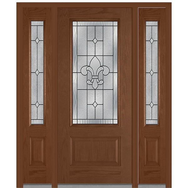 MMI Door 60 in. x 80 in. Carrollton Right-Hand 3/4-Lite Decorative Stained Fiberglass Oak Prehung Front Door with Sidelites