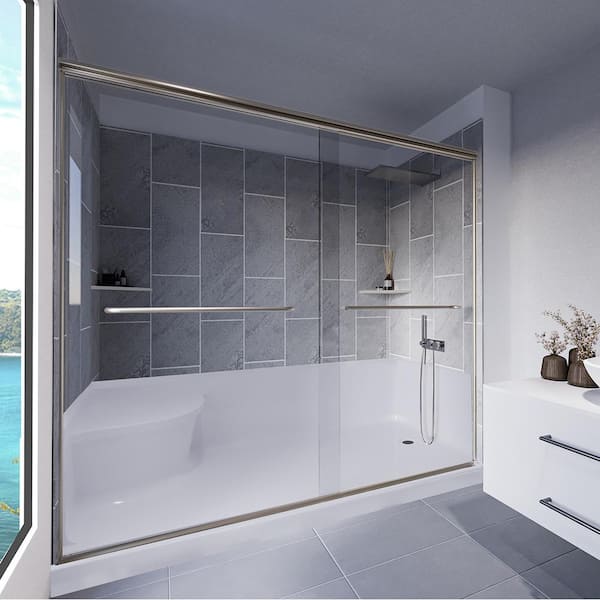 NuVo Slate Grey-Rainier 60 in. x 32 in. x 83 in. Base/Wall/Door Seated Base Alcove Shower Stall/Kit Brushed Nickel Right