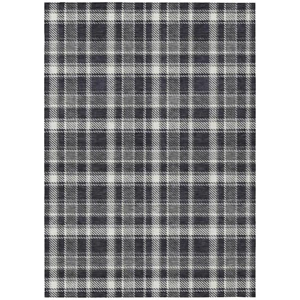 Black Gray and White 8 ft. x 10 ft. Woven Plaid Rectangle Indoor/Outdoor Area Rug