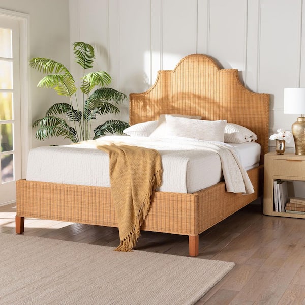 Melanie Light Honey Brown Rattan and Mahogany Wood Frame King Panel Bed