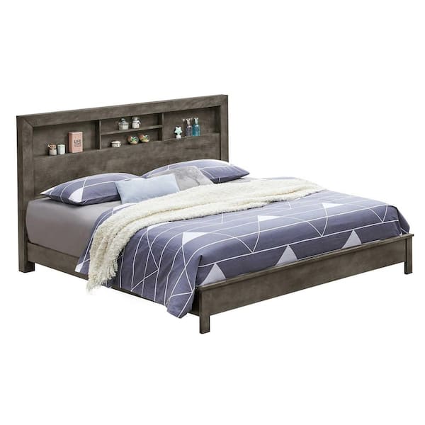 AndMakers Burlington Gray Queen Platform Bed with Storage Shelves