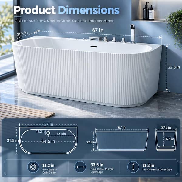 67 in. x 31.5 in. Freestanding Whirlpool Soaking Bathtub with Jetted Massage, Air Bubble and LED Light in White
