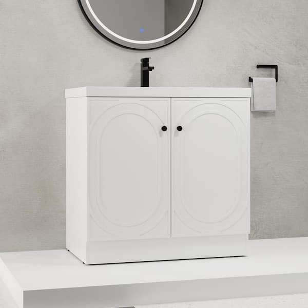 36 in. Single Sink Freestanding White Bath Vanity with White Resin Top, Adjustable Shelf, Sewer Cover