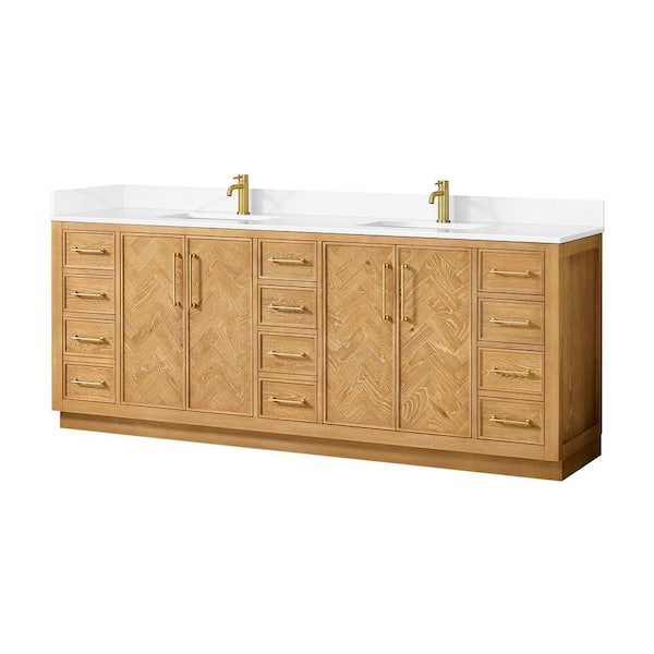 Jakarta 84 in. W x 22 in. D x 34 in. H Double Bath Vanity in Oak Natural Brown with Silk White Quartz Stone Top